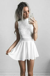 A-Line High Neck White Chiffon Homecoming Dress with Lace