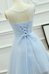 A-Line Jewel Short Blue Tulle Homecoming Dress with Sash and Appliques