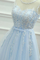A-Line Jewel Short Blue Tulle Homecoming Dress with Sash and Appliques