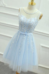 A-Line Jewel Short Blue Tulle Homecoming Dress with Sash and Appliques