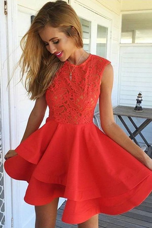A-Line Jewel Short Red Satin Homecoming Dress with Lace Ruffles