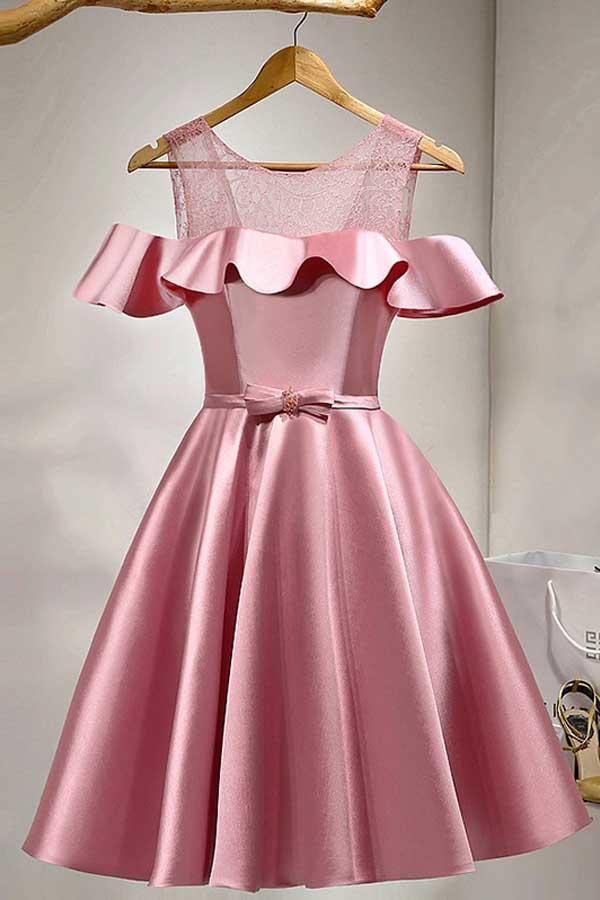 A-Line Knee-Length Cold Shoulder Pink Satin Homecoming Dress with Lace