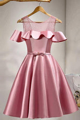 A-Line Knee-Length Cold Shoulder Pink Satin Homecoming Dress with Lace