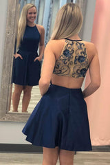 A-Line Navy Blue Short Prom Dress with Beaded Back Homecoming Dress