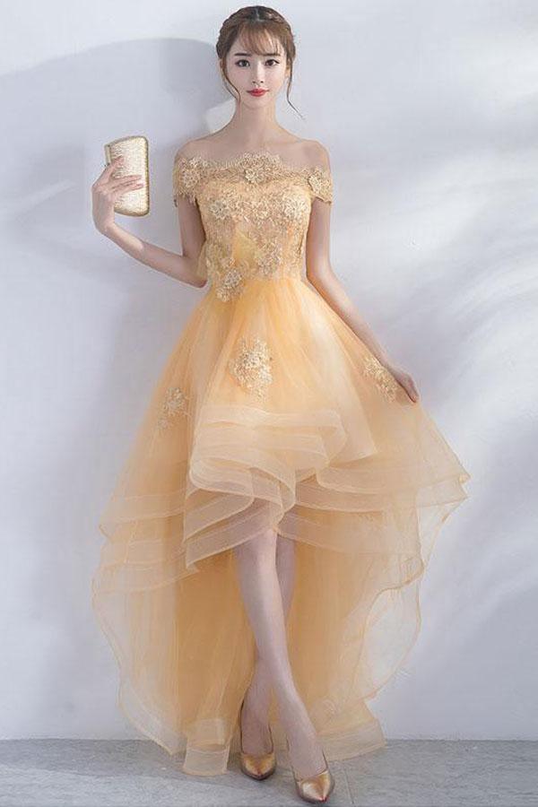 A-Line Off-The-Shoulder High Low Tulle Homecoming Dress