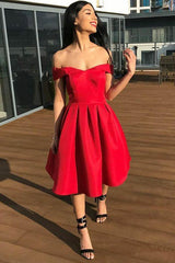 Off-the-Shoulder Red Satin Pleated A-Line Homecoming Dress