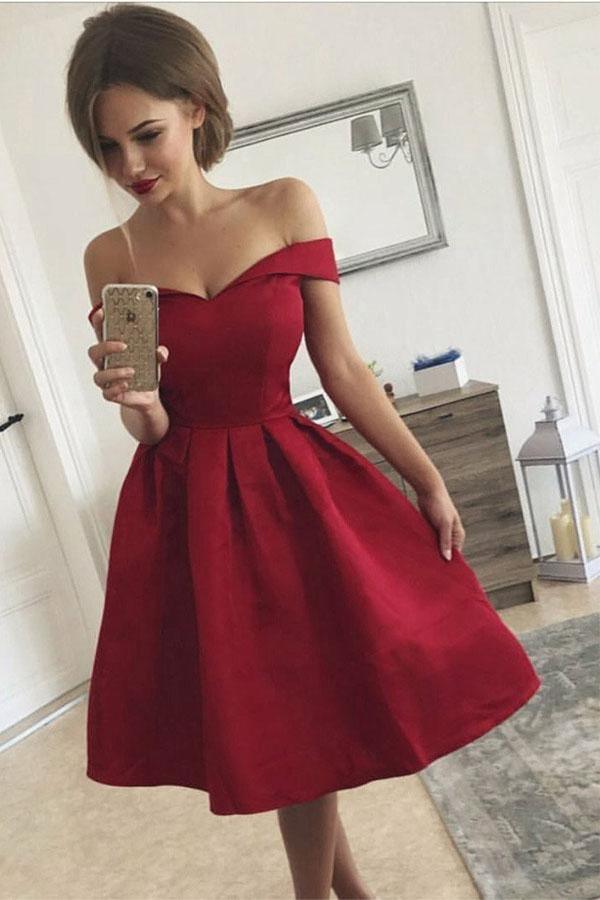 Off-the-Shoulder Red Satin Pleated A-Line Homecoming Dress