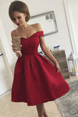 Off-the-Shoulder Red Satin Pleated A-Line Homecoming Dress