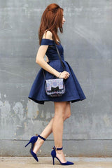 Off-the-Shoulder Navy Blue Satin Short Homecoming Dress
