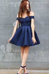Off-the-Shoulder Navy Blue Satin Short Homecoming Dress
