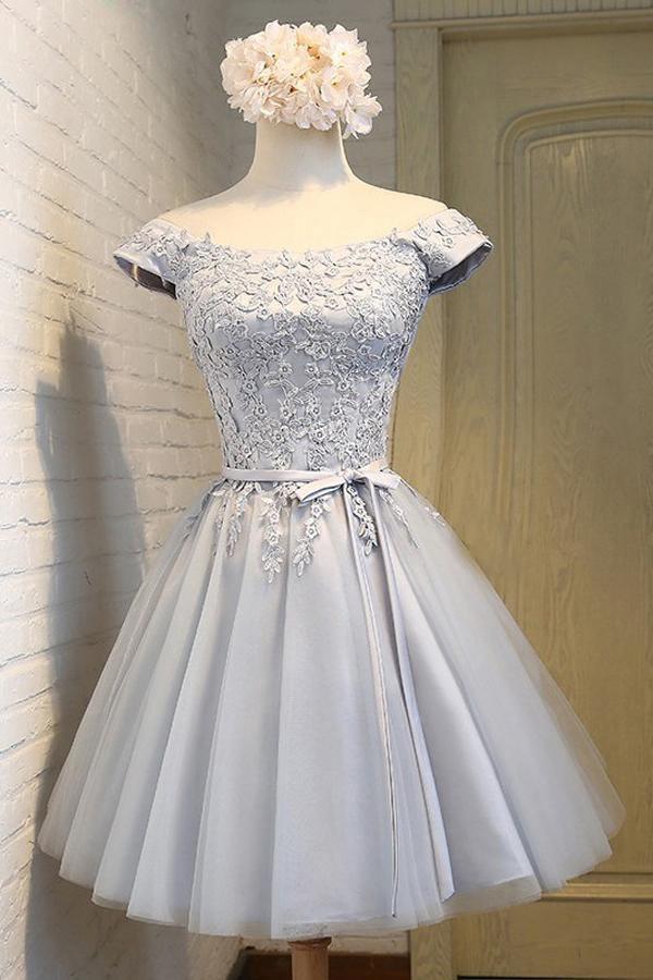 A-Line Off-the-Shoulder Short Sleeveless Grey Tulle Homecoming Dress