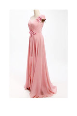 A-line One Shoulder Bridesmaid Dress, Long Chiffon, with Flowers