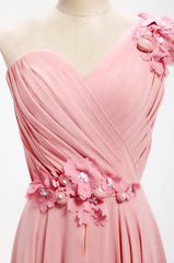 A-line One Shoulder Bridesmaid Dress, Long Chiffon, with Flowers