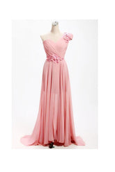 A-line One Shoulder Bridesmaid Dress, Long Chiffon, with Flowers