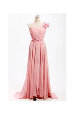 A-line One Shoulder Bridesmaid Dress, Long Chiffon, with Flowers