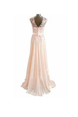 Pink A-Line Long Lace Chiffon Prom Evening Dresses