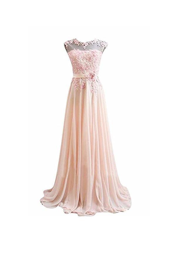 Pink A-Line Long Lace Chiffon Prom Evening Dresses