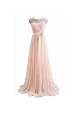 Pink A-Line Long Lace Chiffon Prom Evening Dresses