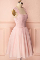 A-Line Pink Tulle Straps Pleated Beaded Homecoming Dress Short Prom Dress