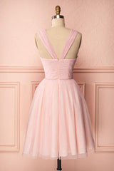 A-Line Pink Tulle Straps Pleated Beaded Homecoming Dress Short Prom Dress