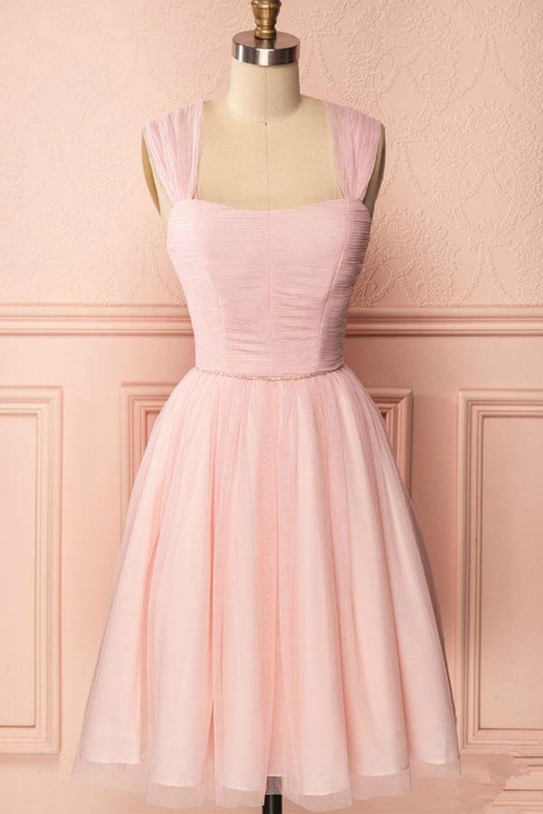 A-Line Pink Tulle Straps Pleated Beaded Homecoming Dress Short Prom Dress