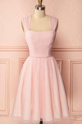 A-Line Pink Tulle Straps Pleated Beaded Homecoming Dress Short Prom Dress