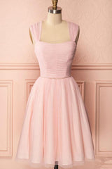 A-Line Pink Tulle Straps Pleated Beaded Homecoming Dress Short Prom Dress