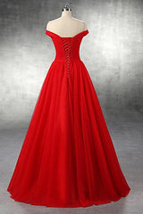 Red A-line Floor Length Tulle Prom Dresses Evening Dresses