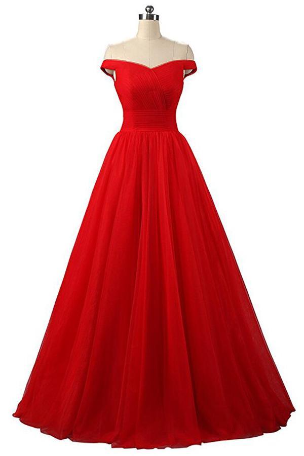 Red A-line Floor Length Tulle Prom Dresses Evening Dresses