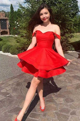 A-Line Red Satin Straps Short Prom Dress Homecoming Dress