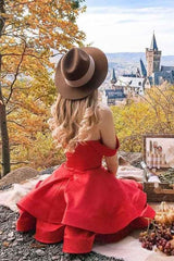 A-Line Red Satin Straps Short Prom Dress Homecoming Dress