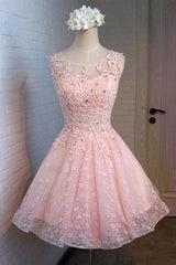 A-Line Round Neck Lace Beaded Homecoming Dress Cocktail Dress