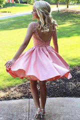 A-Line Round Neck Pink Satin Homecoming Dress with Beading