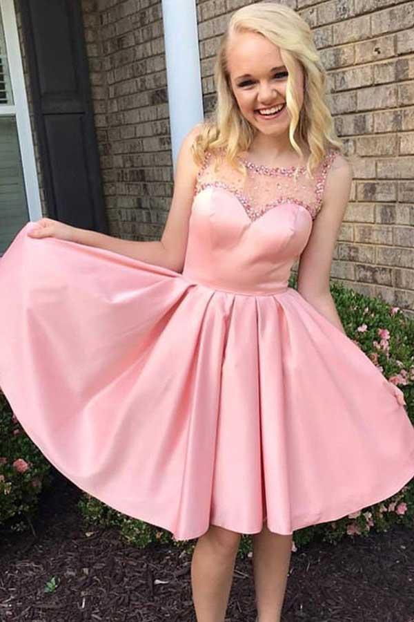 A-Line Round Neck Pink Satin Homecoming Dress with Beading