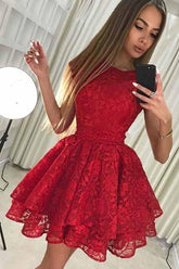 A-Line Round Neck Short Red Lace Homecoming Party Dress