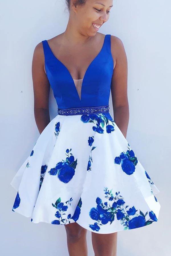 A-line Royal Blue and White Short Floral Homecoming Dress