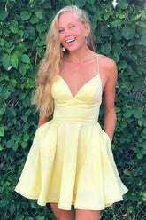 A-Line Satin Fit and Flare Yellow Homecoming Dress with Pockets