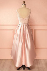A-Line Scoop High Low Pink Satin Homecoming Dress with Appliques