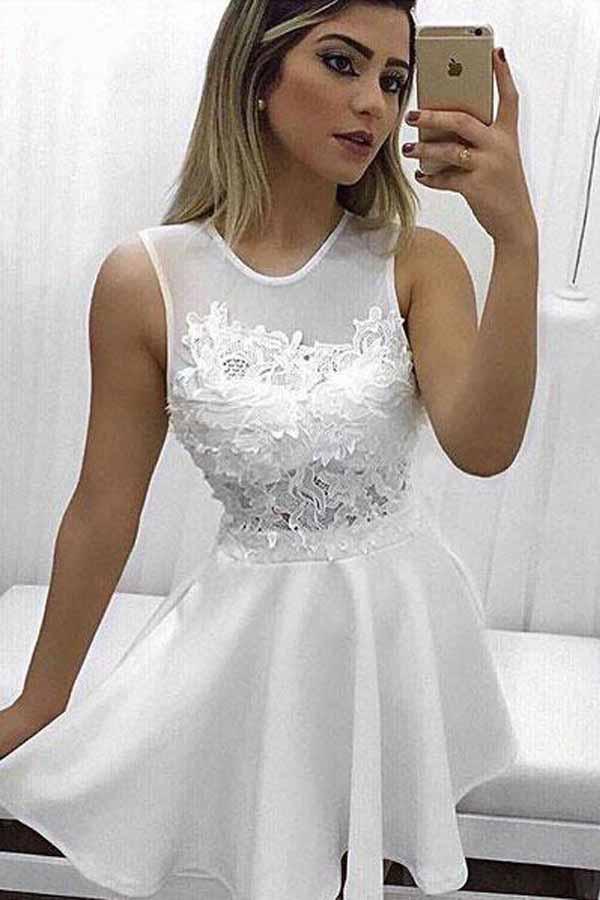 Scoop Lace Appliqued A-line Little White Homecoming Dresses
