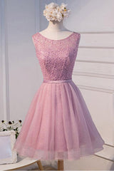 A-Line Scoop Neck Short Tulle Homecoming Dress with Beading