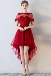 A-Line Short Sleeves Appliques Sweetheart Asymmetrical Homecoming Dress