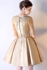 A-Line Short Sleeves Gold Lace Satin Prom Dress Homecoming Dress