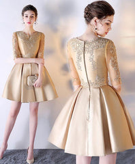 A-Line Short Sleeves Gold Lace Satin Prom Dress Homecoming Dress