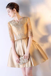 A-Line Short Sleeves Gold Lace Satin Prom Dress Homecoming Dress