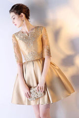 A-Line Short Sleeves Gold Lace Satin Prom Dress Homecoming Dress