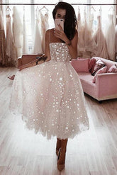 A-Line Spaghetti Strap Tea Length Pearl Pink Homecoming Dress with Beading