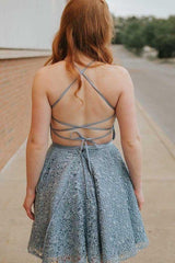 A-Line Spaghetti Straps Backless Above-Knee Blue Lace Homecoming Dress