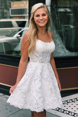 A-Line Spaghetti Straps Cross Back Blue Lace Short Prom Dress