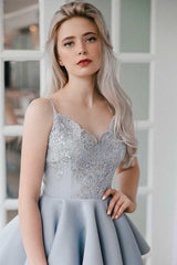A-Line Spaghetti Straps Grey Satin Homecoming Dress with Appliques