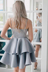 A-Line Spaghetti Straps Grey Satin Homecoming Dress with Appliques